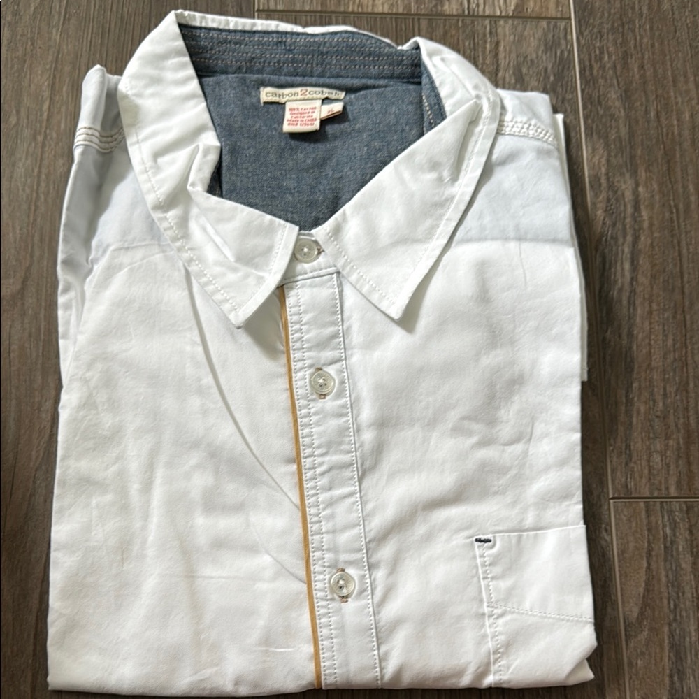 White Casual Button Down Shirt with Chambray Collar